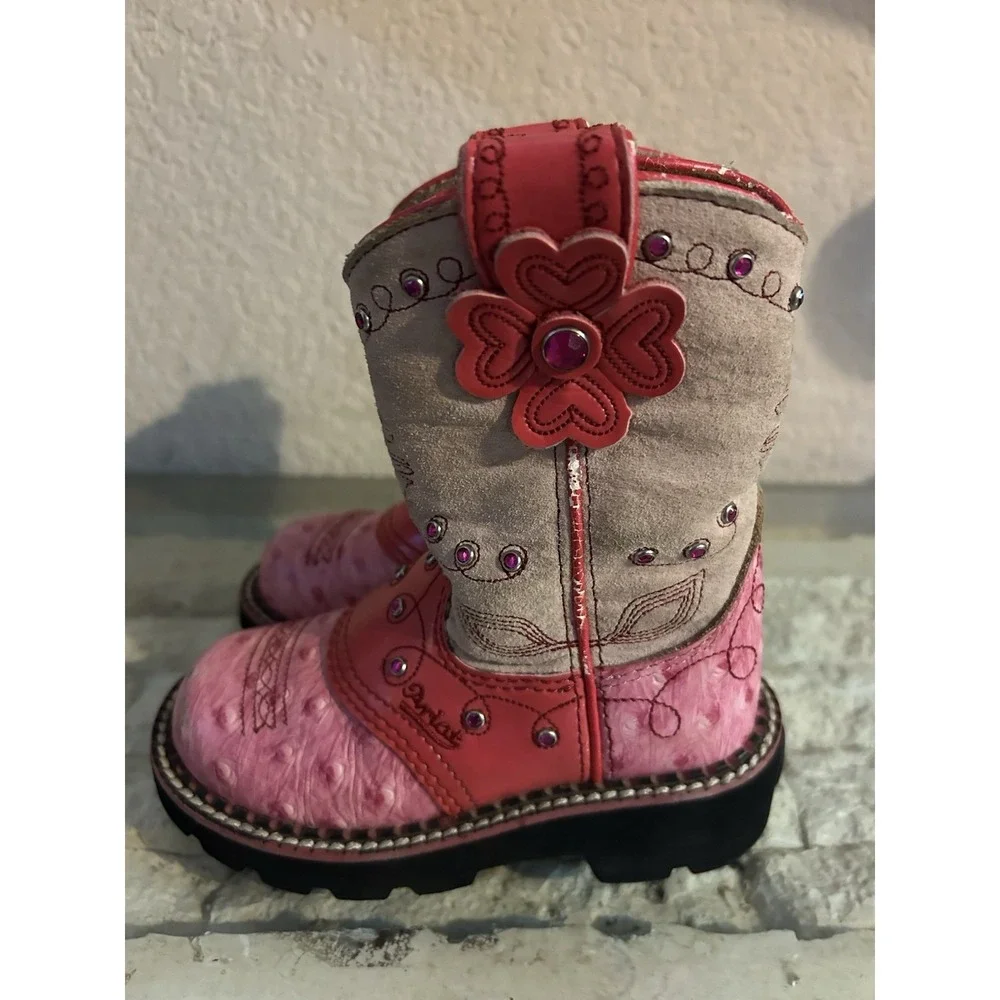 Youth Girl's Size 8.5 Ariat Fatbaby Cowgirl Boots Pink Flower Rhinestone